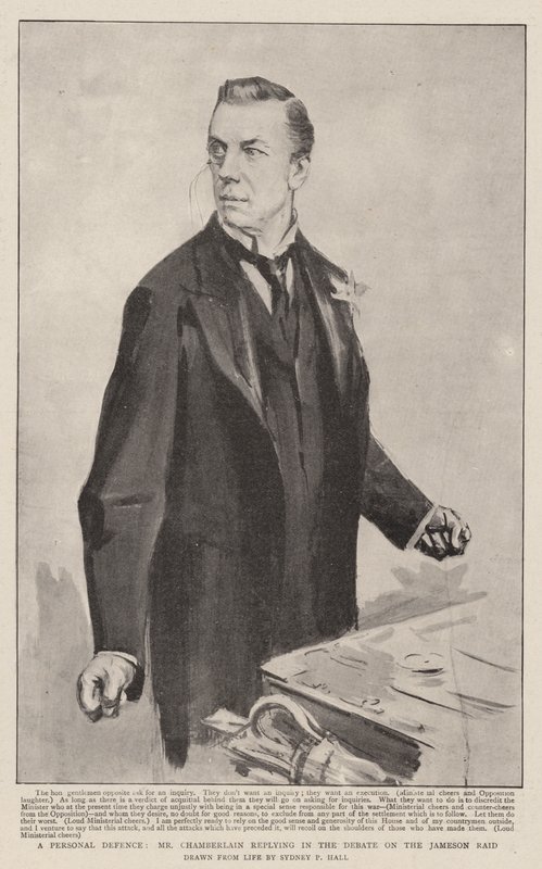 Obrona osobista, odpowiada pan Chamberlain w debacie na temat nalotu Jamesona autorstwa Sydney Prior Hall
