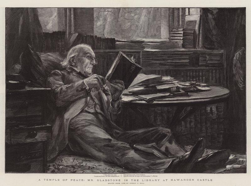 Świątynia Pokoju, pan Gladstone w Bibliotece w zamku Hawarden autorstwa Sydney Prior Hall