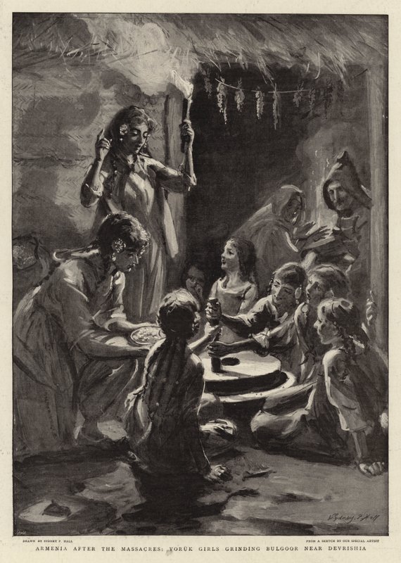 Armenia po masakrach, Yoruk Girls mielą Bulgoor w pobliżu Devrisia autorstwa Sydney Prior Hall