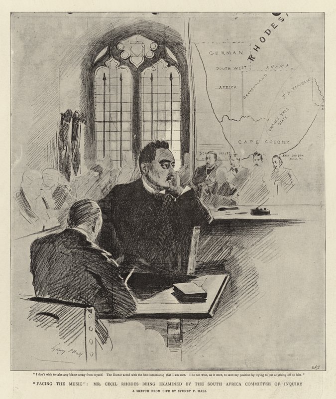 W obliczu muzyki, pan Cecil Rhodes jest przesłuchiwany przez południowoafrykański komitet śledczy autorstwa Sydney Prior Hall