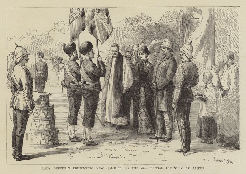 Lady Dufferin wręcza nowe barwy 18 Bengalskiej Piechocie pod Alipur autorstwa Sydney Prior Hall