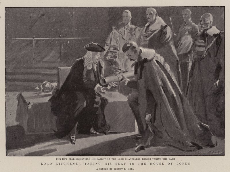 Lord Kitchener zajmuje swoje miejsce w Izbie Lordów autorstwa Sydney Prior Hall