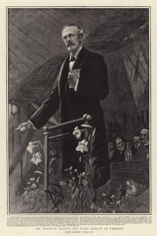 Pan Balfour wygłasza swoje pierwsze przemówienie jako premier autorstwa Sydney Prior Hall