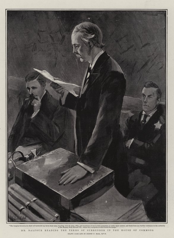 Pan Balfour czyta warunki kapitulacji w Izbie Gmin autorstwa Sydney Prior Hall