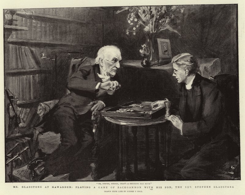 Pan Gladstone w Hawarden, gra w tryktraka ze swoim synem, wielebnym Stephenem Gladstonem autorstwa Sydney Prior Hall