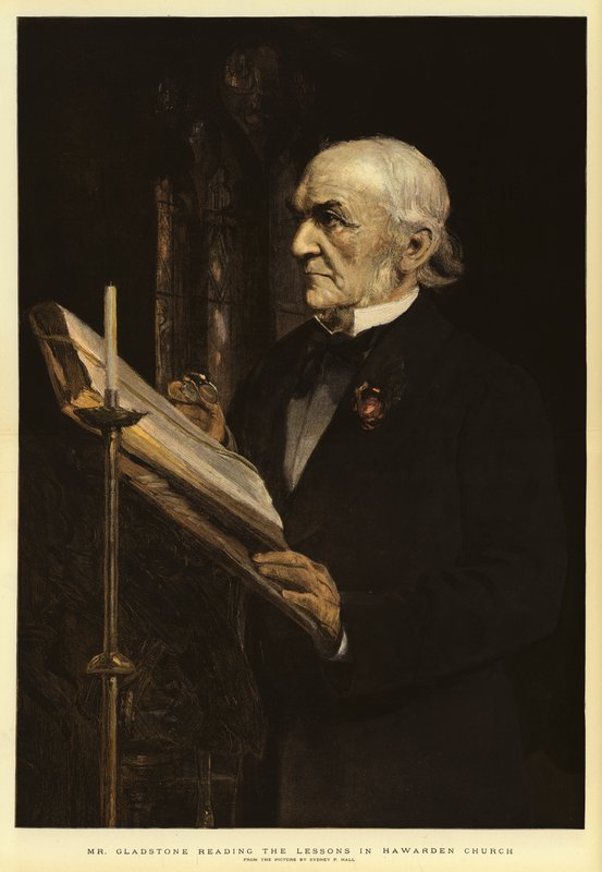 Pan Gladstone czyta lekcje w kościele Hawarden autorstwa Sydney Prior Hall