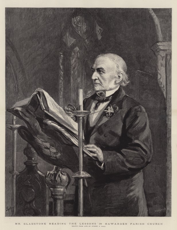 Pan Gladstone czytający Lekcje w kościele parafialnym w Hawarden autorstwa Sydney Prior Hall
