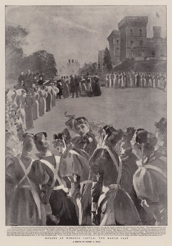 Pielęgniarki w zamku Windsor, przeszłość marcowa autorstwa Sydney Prior Hall
