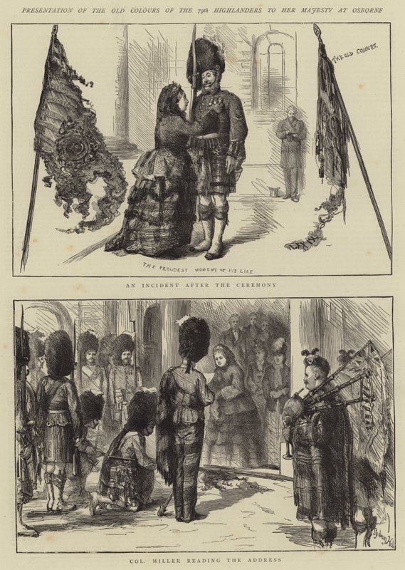 Prezentacja Old Colours z 79th Highlanders do Jej Królewskiej Mości w Osborne autorstwa Sydney Prior Hall