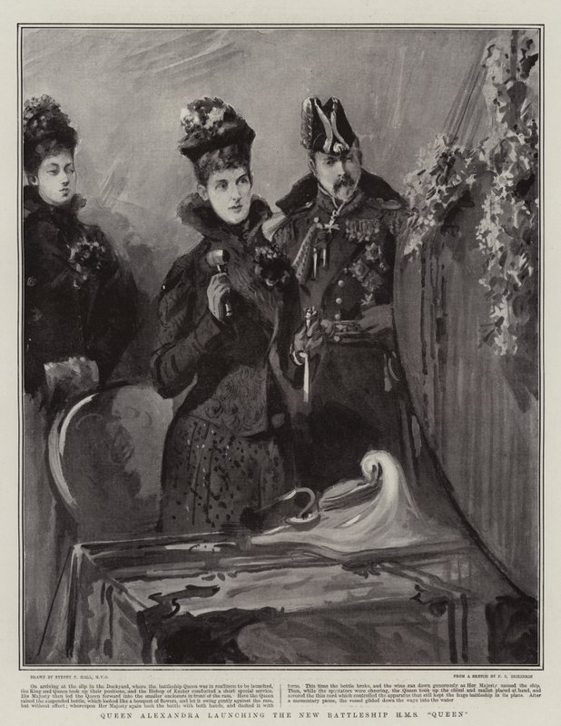 Królowa Aleksandra wypuszcza nowy pancernik H M S Queen autorstwa Sydney Prior Hall