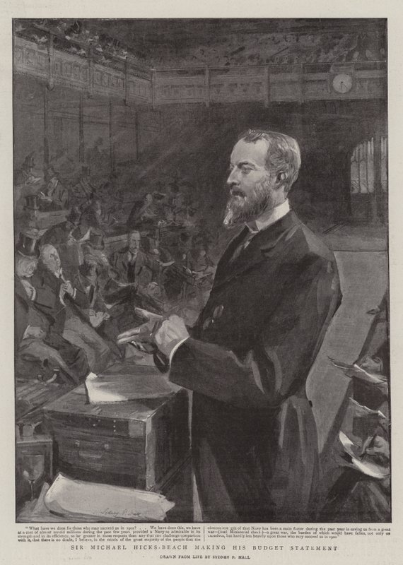 Sir Michael Hicks-Beach składa oświadczenie budżetowe autorstwa Sydney Prior Hall