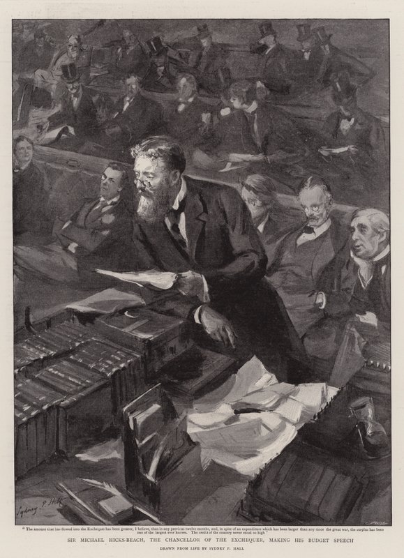 Sir Michael Hicks-Beach, kanclerz skarbu, wygłasza przemówienie budżetowe autorstwa Sydney Prior Hall