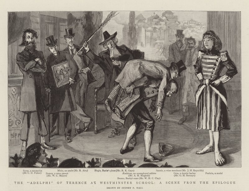 Adelphi of Terence w Westminster School, scena z Epilogu autorstwa Sydney Prior Hall