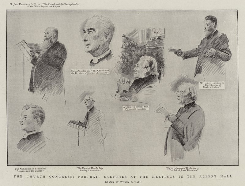 Kongres kościelny, Szkice portretowe na spotkaniach w Albert Hall litho autorstwa Sydney Prior Hall