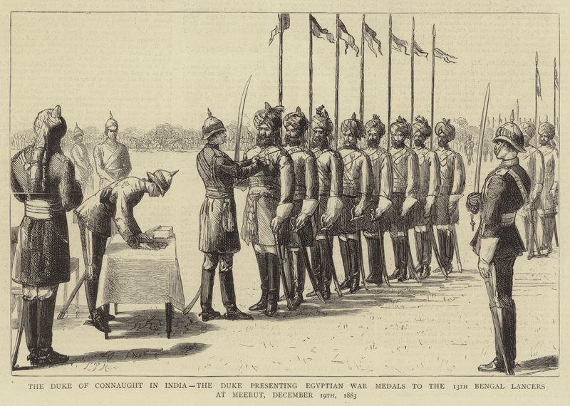 Książę Connaught w Indiach, książę wręcza egipskie medale wojenne 13. Ułanom bengalskim w Meerut, 19 grudnia 1883 r. autorstwa Sydney Prior Hall