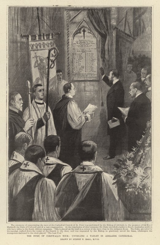 Wycieczka księcia Kornwalii, odsłaniająca tablicę w katedrze w Adelajdzie autorstwa Sydney Prior Hall