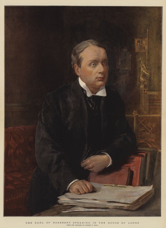 Hrabia Rosebery przemawiający w Izbie Lordów (chromolit) autorstwa Sydney Prior Hall