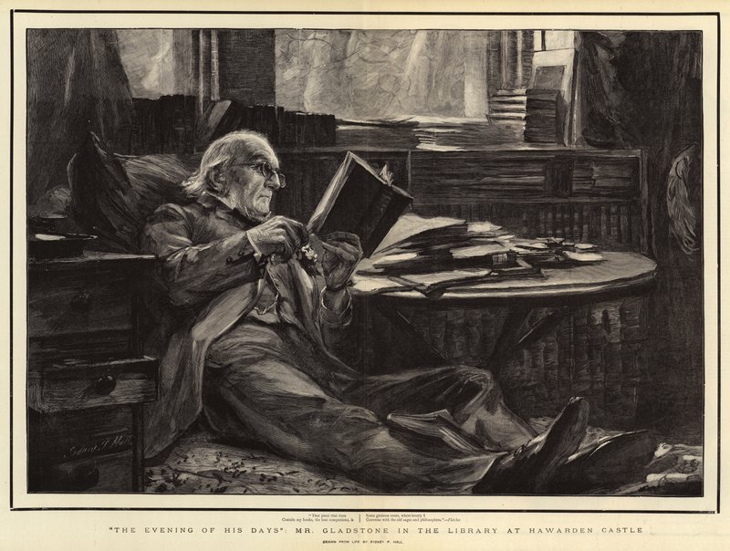Wieczór jego dni, pan Gladstone w bibliotece w zamku Hawarden autorstwa Sydney Prior Hall