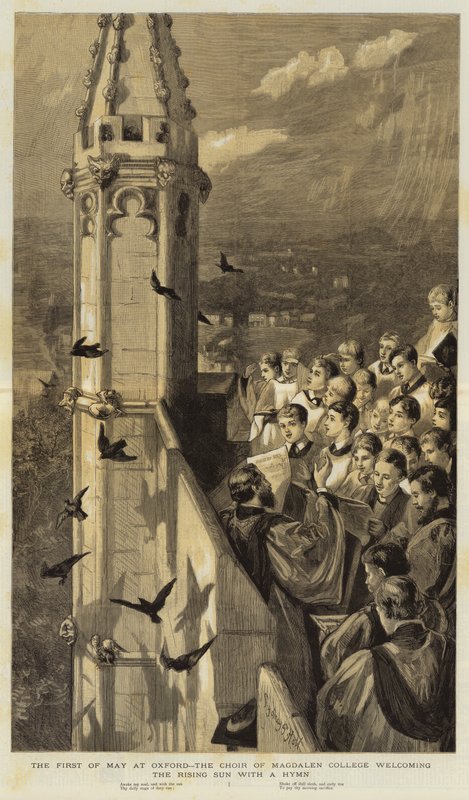 1 maja w Oksfordzie chór Magdalen College witający wschodzące słońce hymnem autorstwa Sydney Prior Hall