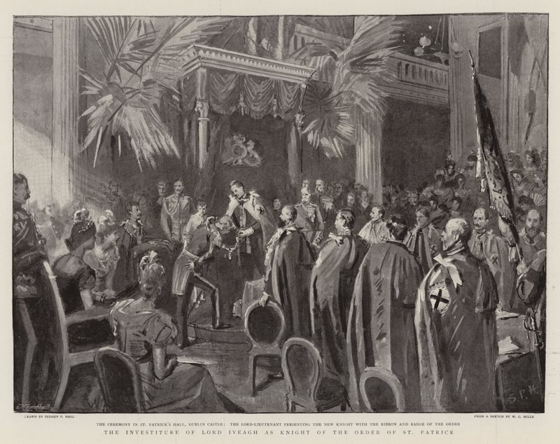 Inwestytura Lorda Iveagha jako Rycerza Zakonu Świętego Patryka autorstwa Sydney Prior Hall