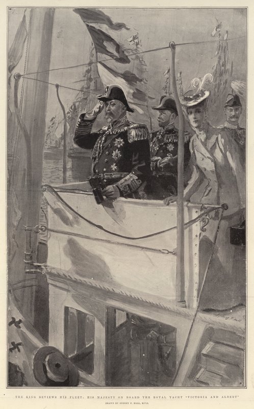 Król przegląda swoją flotę, Jego Wysokość na pokładzie królewskiego jachtu Victoria and Albert autorstwa Sydney Prior Hall