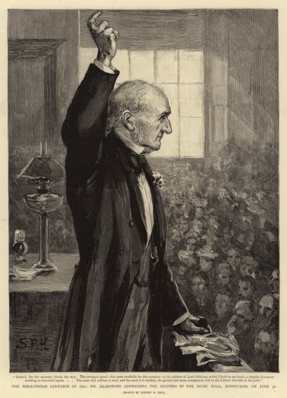 Kampania Mid-Lothian z 1892 roku, pan Gladstone przemawia na spotkaniu w Music Hall w Edynburgu, 30 czerwca autorstwa Sydney Prior Hall