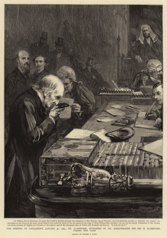 Otwarcie Parlamentu, 31 stycznia 1893 r., Gladstone, wspierany przez Marjoribanksa i H. Gladstone