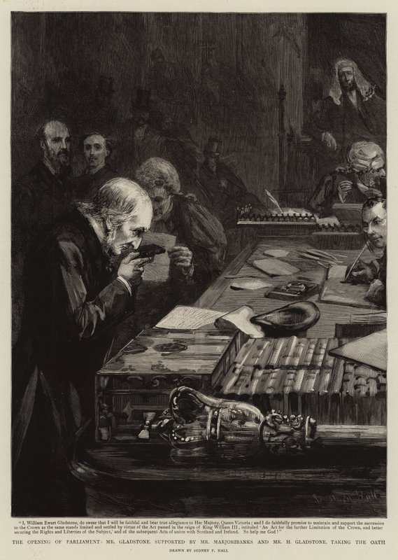 Otwarcie Parlamentu, pan Gladstone, wspierany przez pana Marjoribanksa i pana H Gladstone