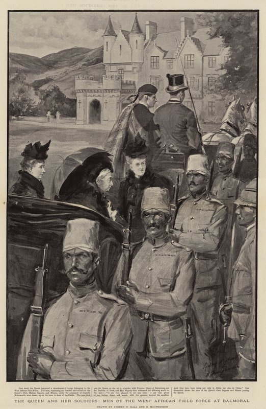 Królowa i jej żołnierze, ludzie z zachodnioafrykańskich sił polowych w Balmoral autorstwa Sydney Prior Hall