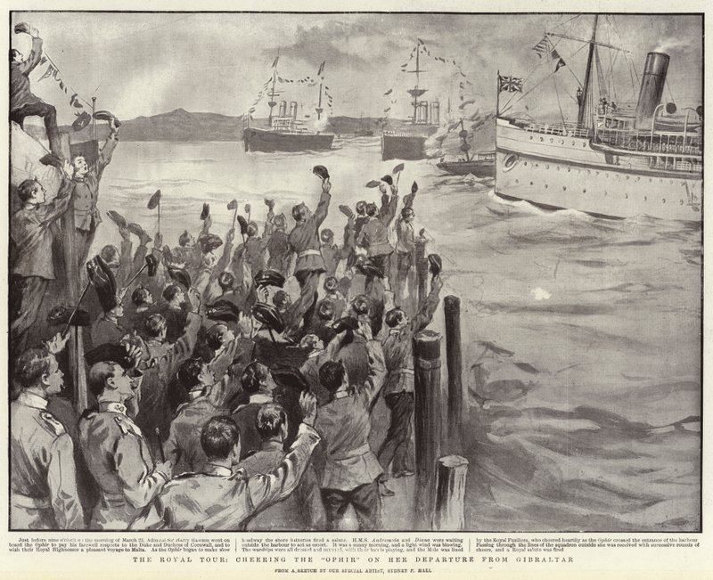 Królewska wycieczka, wiwatująca na Ophir podczas wypływania z Gibraltaru autorstwa Sydney Prior Hall