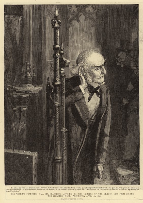 Ustawa o franczyzie kobiet, pan Gladstone słuchający listy numerów oddziałów zza fotela przewodniczącego, środa, 27 kwietnia 1892 r. autorstwa Sydney Prior Hall