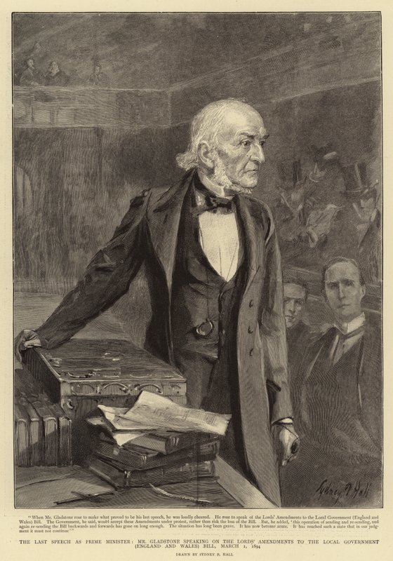 Ostatnie przemówienie jako premier, pan Gladstone wypowiadający się na temat poprawek Lordów do ustawy o samorządzie lokalnym (Anglia i Walia), 1 marca 1894 r. autorstwa Sydney Prior Hall