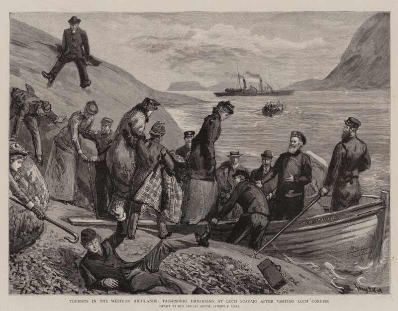 Turyści w Western Highlands, pasażerowie wsiadający do Loch Scavaig po wizycie w Loch Coruisk autorstwa Sydney Prior Hall