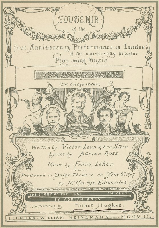 Strona tytułowa Souvenir z pierwszego jubileuszowego występu The Merry Widow w Londynie (kolor lito) autorstwa Talbot Hughes
