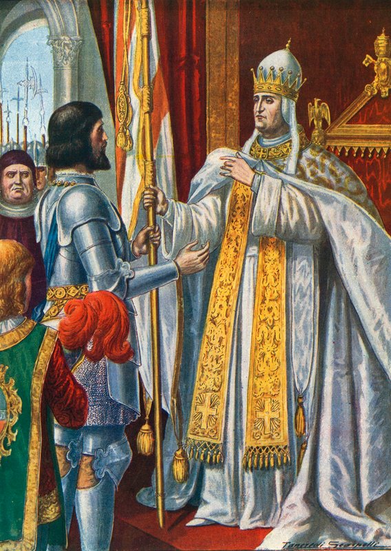 Alberico da Barbiano otrzymuje flagę od papieża Urbana VI z napisem „Włochy wyzwolone od barbarzyńców”, 1379 autorstwa Tancredi Scarpelli