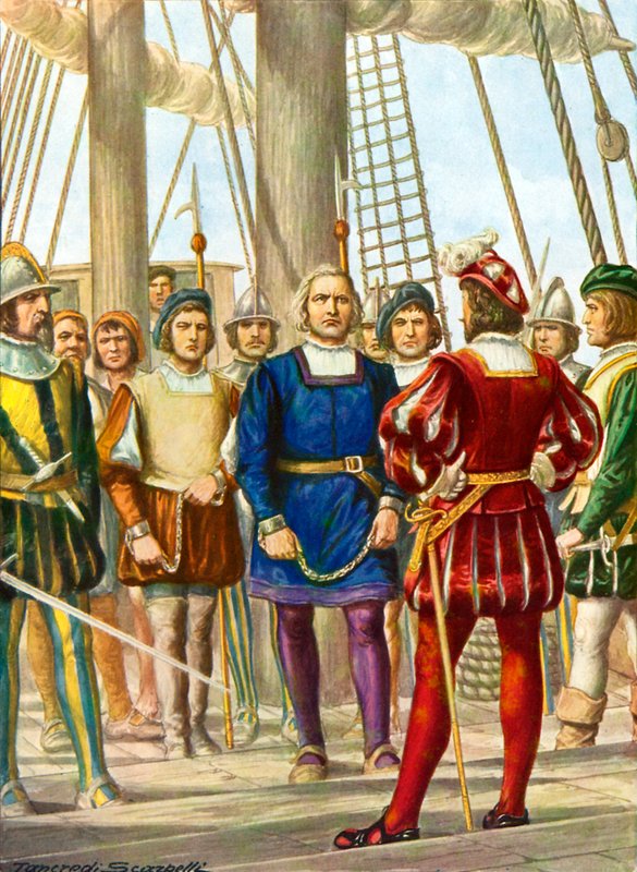 Krzysztof Kolumb i jego bracia Bartolomeo i Diego zostają uwięzieni na statku, który zabierze ich do Hiszpanii autorstwa Tancredi Scarpelli