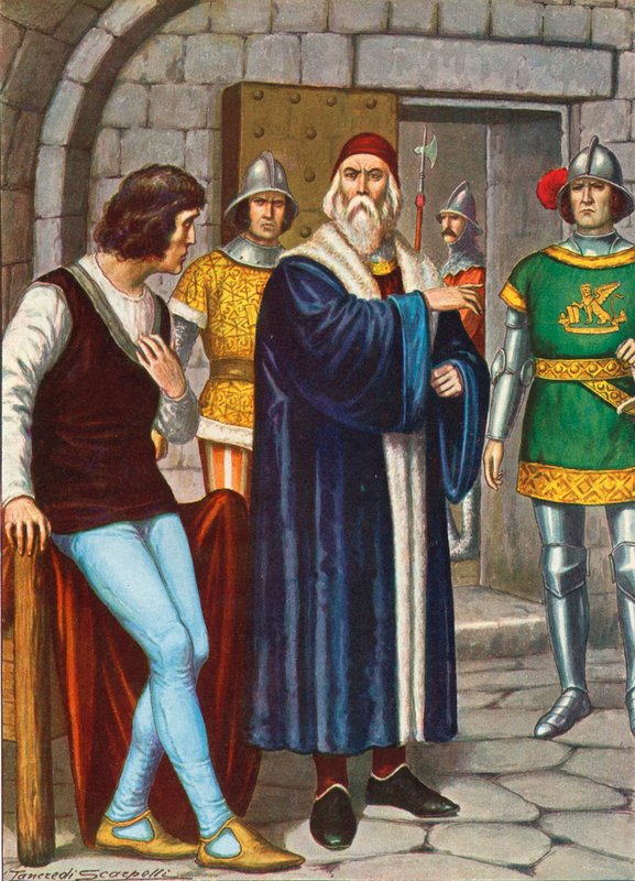 Doge Francesco Foscari mówiący synowi, aby był posłuszny rozkazom Republiki autorstwa Tancredi Scarpelli