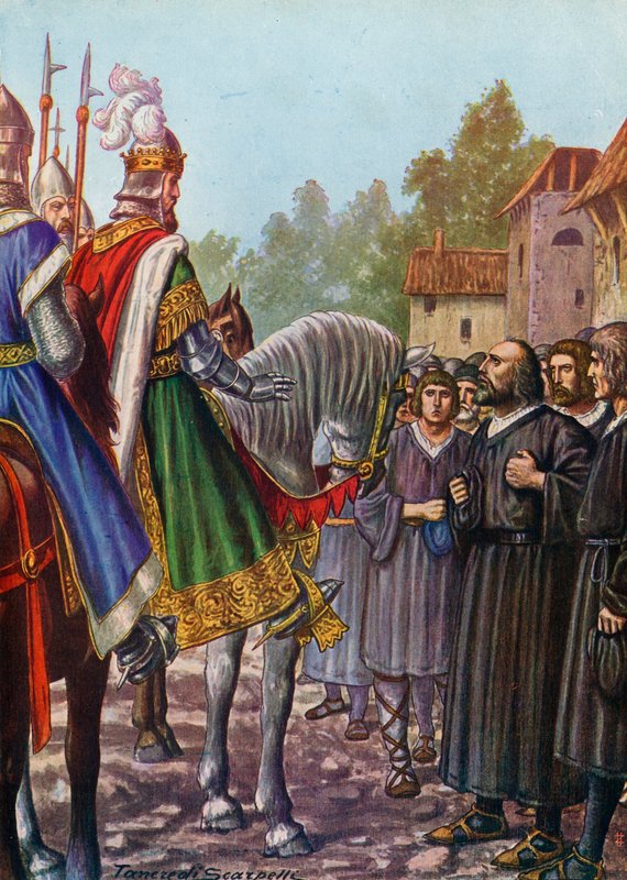 Fryderyk Barbarossa, w 1158 roku, poproszony przez mieszkańców o odbudowę Lodi autorstwa Tancredi Scarpelli