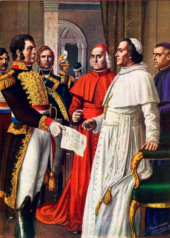 Napoleon doręcza zawiadomienie o uwięzieniu papieżowi Piusowi VII autorstwa Tancredi Scarpelli