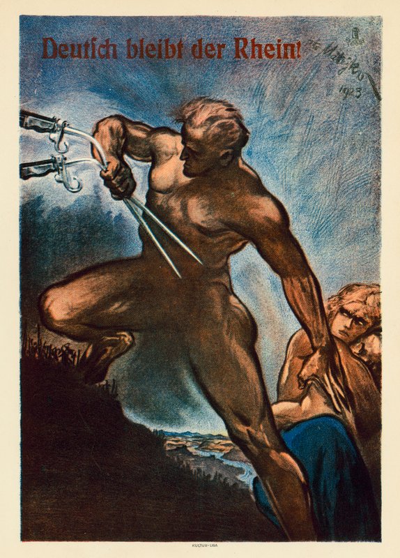 Ren pozostaje niemiecki! Plakat propagandowy sprzeciwiający się okupacji aliantów części zachodnich Niemiec po I wojnie światowej autorstwa Theo Matejko