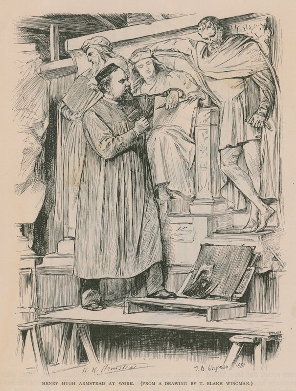 Henry Hugh Armstead przy pracy nad Albert Memorial (grawerowanie) autorstwa Theodore Blake Wirgman