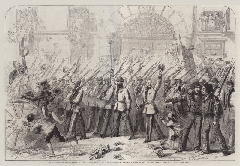 Entuzjastyczne przyjęcie udzielone brytyjskim ochotnikom dla Garibaldiego w Neapolu, scena w Toledo autorstwa Thomas Nast