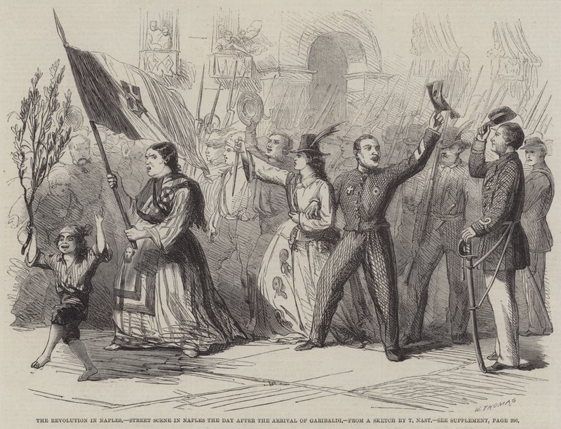 Rewolucja w Neapolu, scena uliczna w Neapolu dzień po przybyciu Garibaldiego autorstwa Thomas Nast