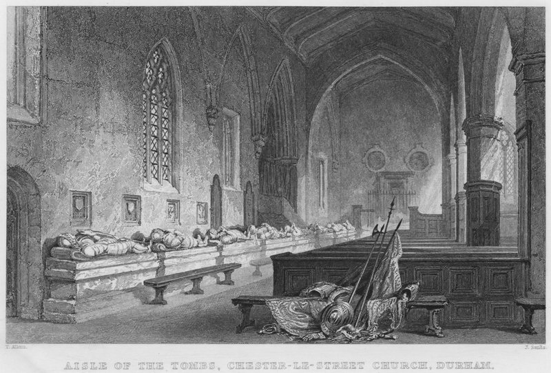 Nawa grobów, kościół Chester-le-Street, Durham (grawerowanie) autorstwa Thomas (after) Allom