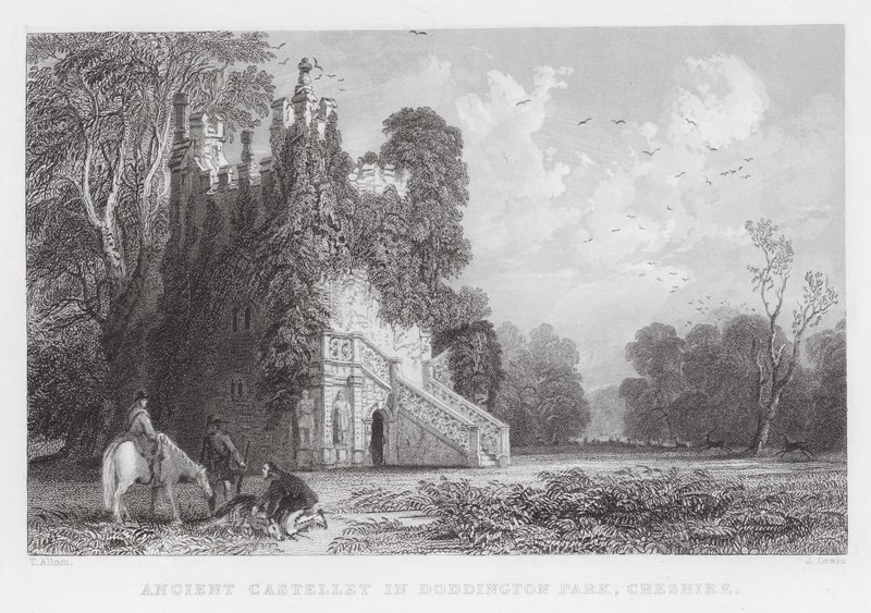 Starożytny zamek w Doddington Park, Cheshire (grawerowanie) autorstwa Thomas (after) Allom