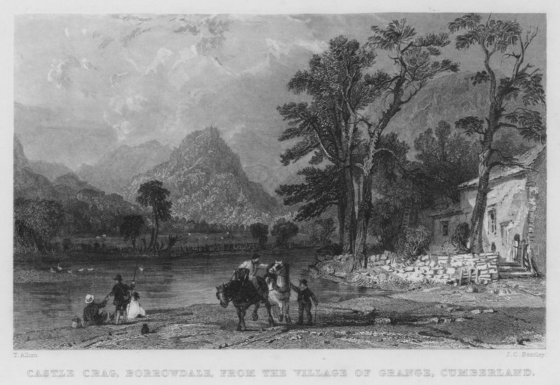 Castle Crag, Borrowdale, z wioski Grange, Cumberland (rycina) autorstwa Thomas (after) Allom