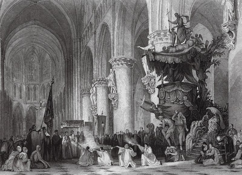 Katedra św. Gudule ze słynną rzeźbioną amboną w Brukseli (rycina) autorstwa Thomas (after) Allom