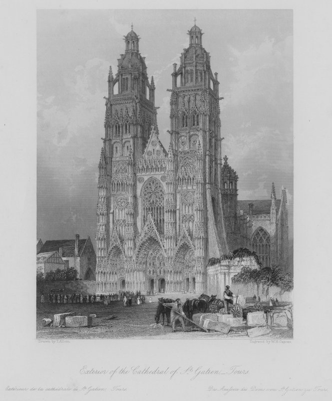 Zewnątrz Katedry Św. Gatien, Tours (Grawerowanie) autorstwa Thomas (after) Allom