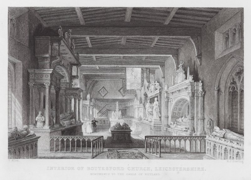 Wnętrze kościoła Bottesford, Leicestershire, pomniki hrabiów Rutland (grawerowanie) autorstwa Thomas (after) Allom