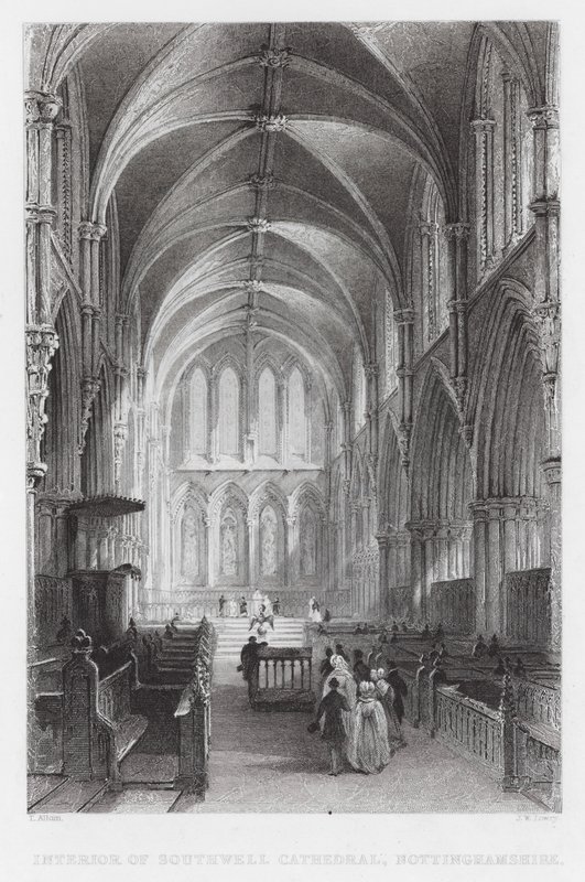 Wnętrze katedry Southwell, Nottinghamshire (grawerowanie) autorstwa Thomas (after) Allom